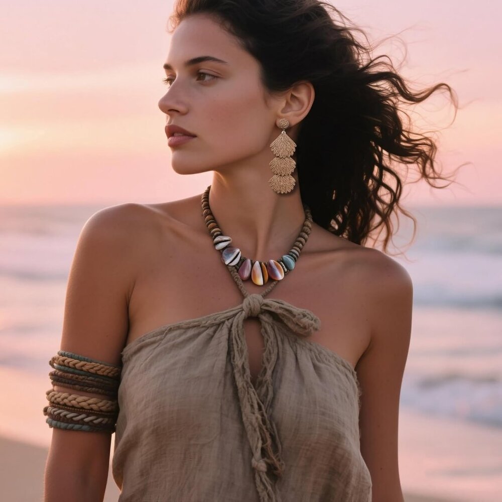 Fashion-Forward Raffia Shell Dangle Earrings - Pe… - image 5